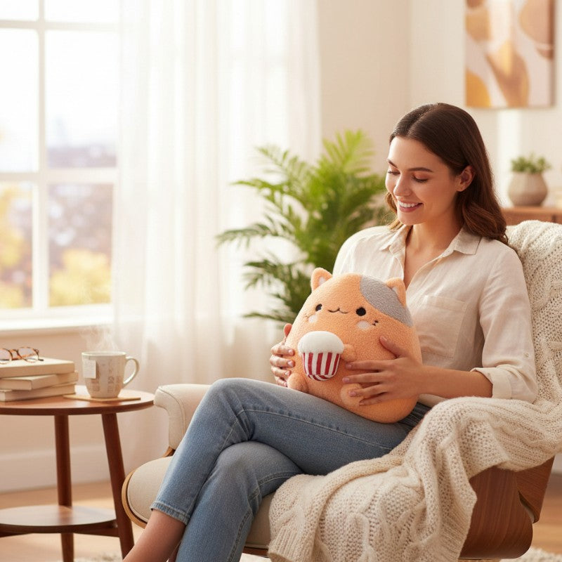 Coussin peluche type Squishmallow chat avec cupcake