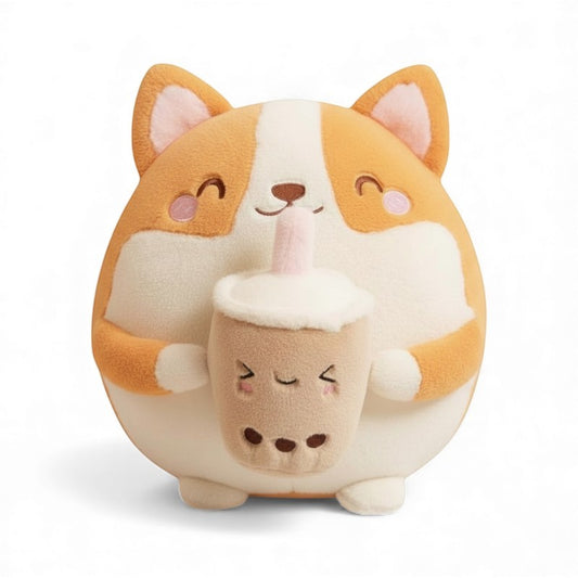 Peluche ronde représentant un shiba orange et blanc avec des oreilles pointues, une bouille souriante, des joues roses, tenant une boisson kawaii beige et rose entre ses pattes, posé sur fond blanc