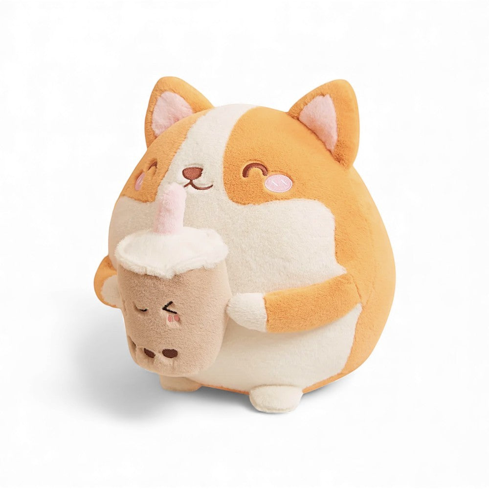 Coussin peluche type Squishmallow shiba avec boisson