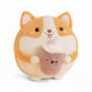 Coussin peluche type Squishmallow shiba avec boisson