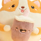 Coussin peluche type Squishmallow shiba avec boisson