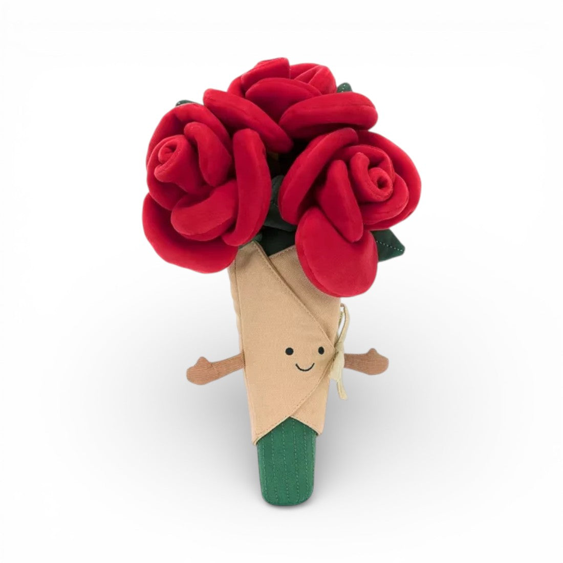 Peluche représentant un bouquet de plusieurs roses rouges veloutées dans un cornet papier beige avec visage souriant aux grands yeux, ruban jaune, petites bras marron et base verte, sur fond blanc.