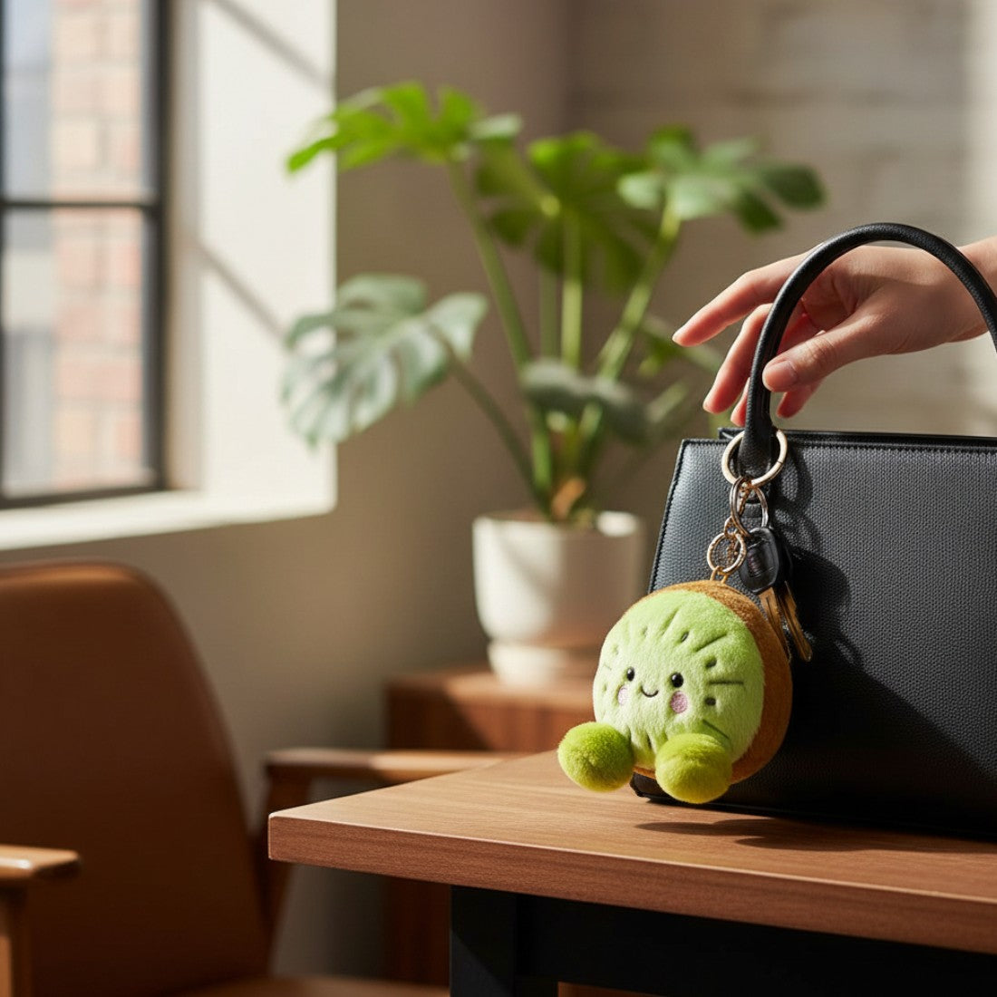 Porte-clé peluche kiwi kawaii - suspendu à un sac à main