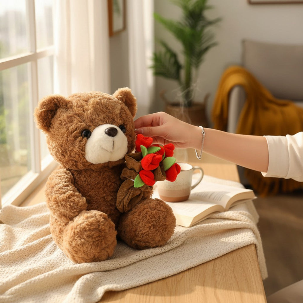 Peluche ours romantique avec bouquet de fleurs