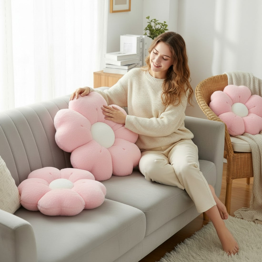 Peluche coussin fleur blanche ou rose douce