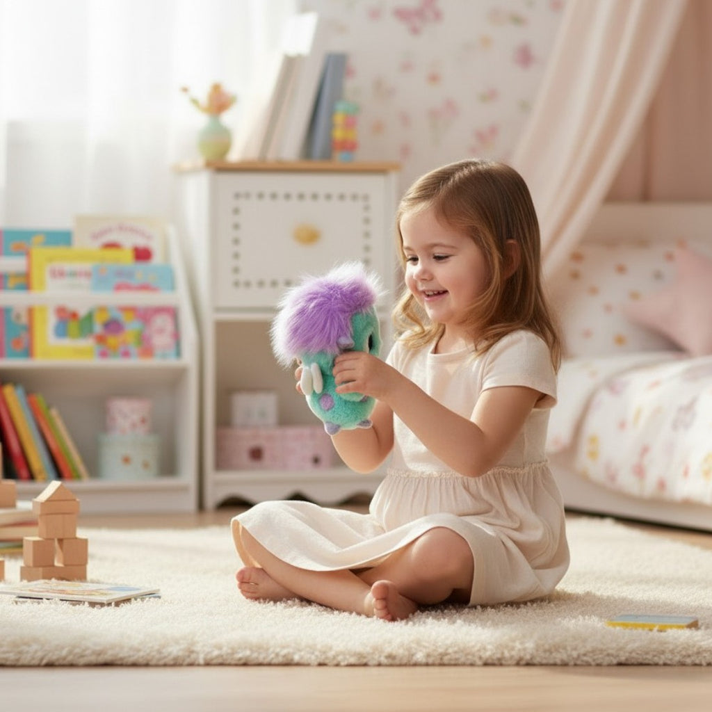 Peluche Bibble de Barbie Fairytopia - tenue par un enfant assis sur un tapis
