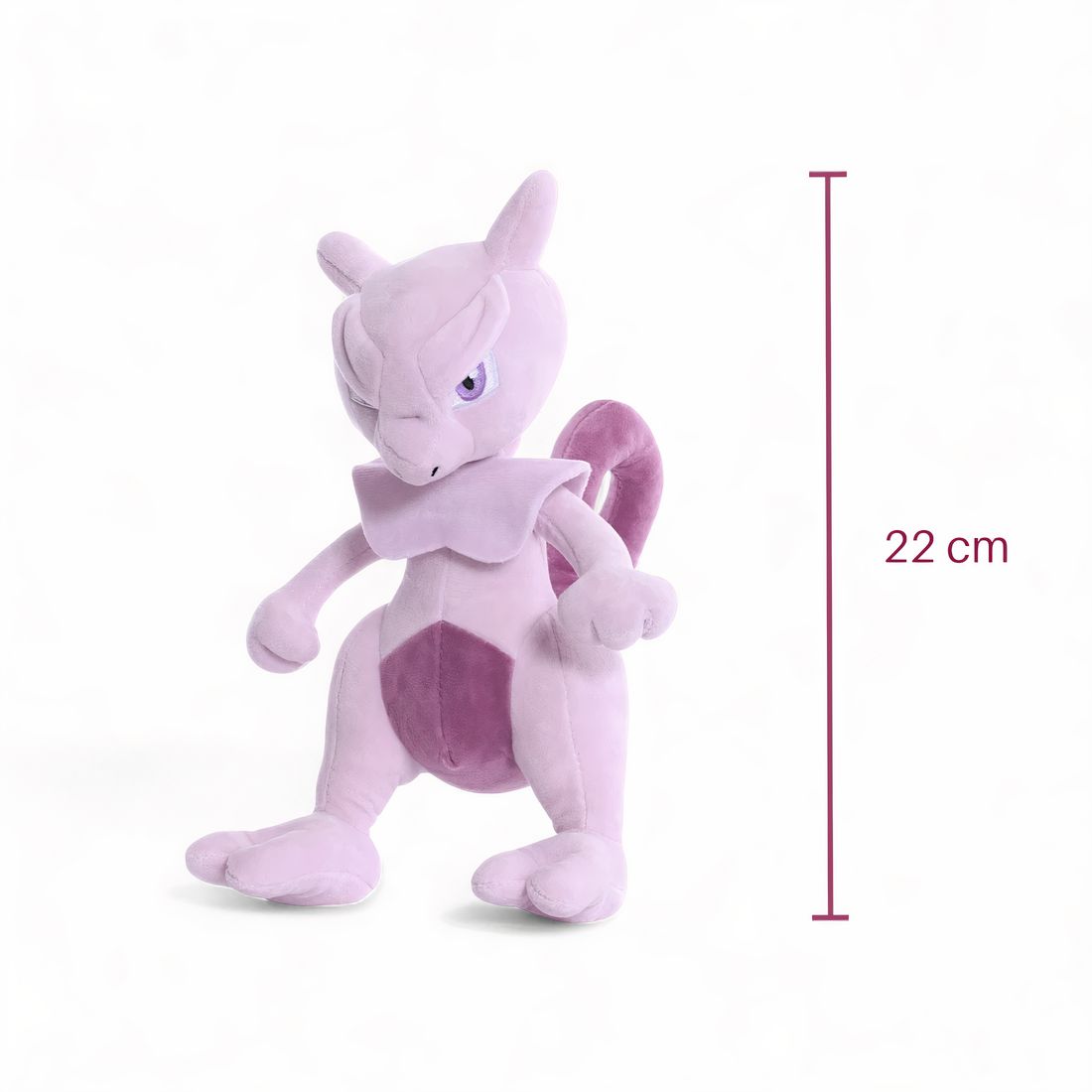 Peluche Pokémon – Mewtwo iconique - vue de trois-quarts avec mesure de 22 cm