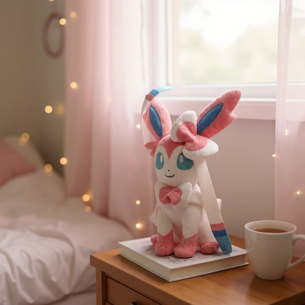 Peluche Pokémon – Nymphali rose et bleu - sur une table de chevet dans une chambre