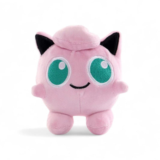Peluche Pokémon Rondoudou rose avec grands yeux verts, vue de face sur fond blanc.