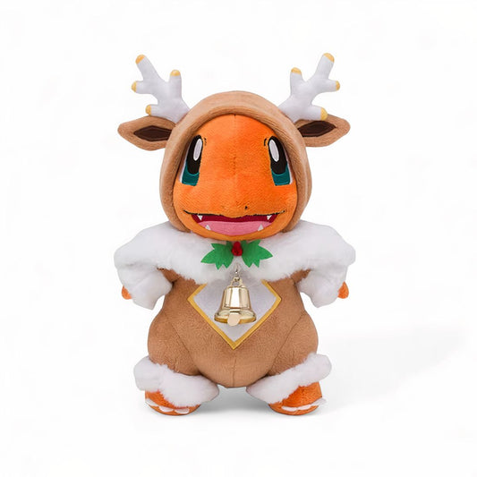 Peluche Pokémon Salamèche déguisé en renne de Noël avec clochette dorée et capuche à bois, sur fond blanc.