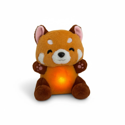 Peluche panda roux avec fonction lumineuse, posée sur fond blanc.