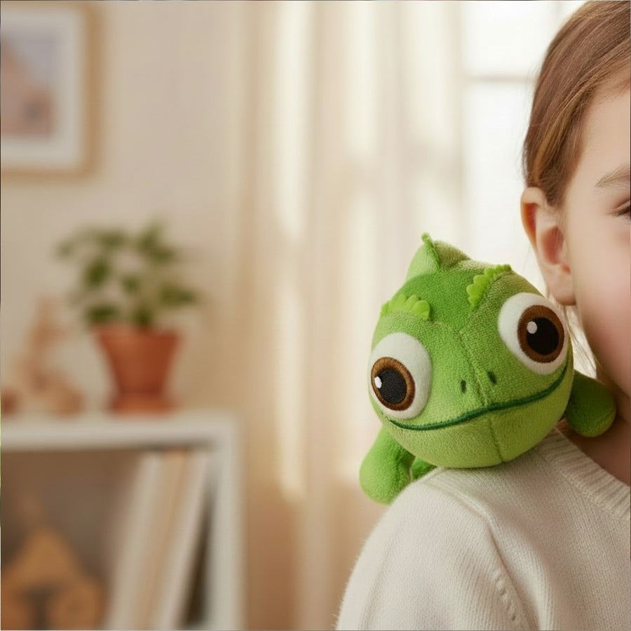 Mini peluche Pascal avec aimant - posée sur l'épaule d'un enfant