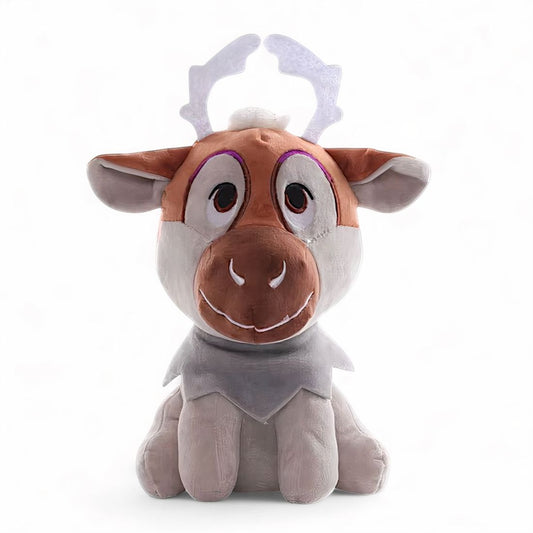 Peluche Sven le renne de la Reine des Neiges assis avec bois blancs scintillants, sur fond blanc.
