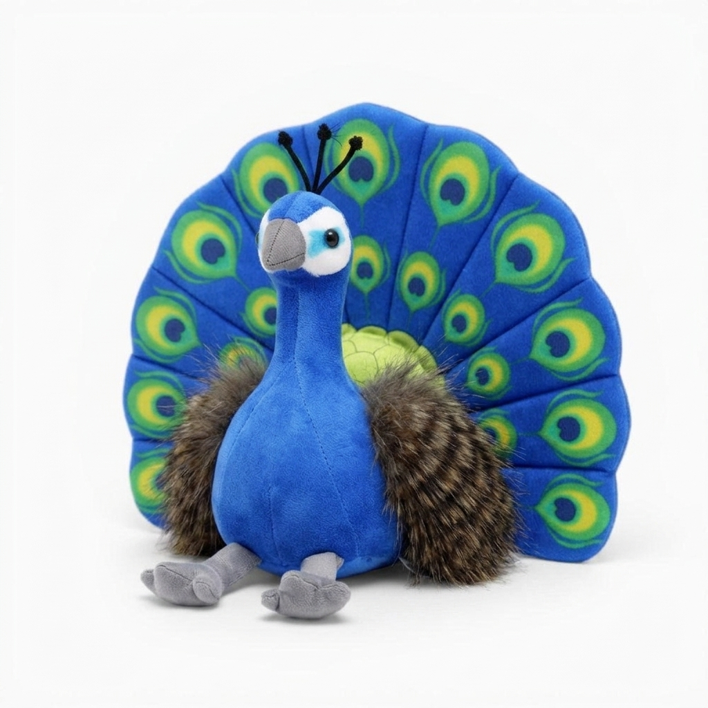 Blaues Pfau Kuscheltier bunte Federn - Fond blanc angle