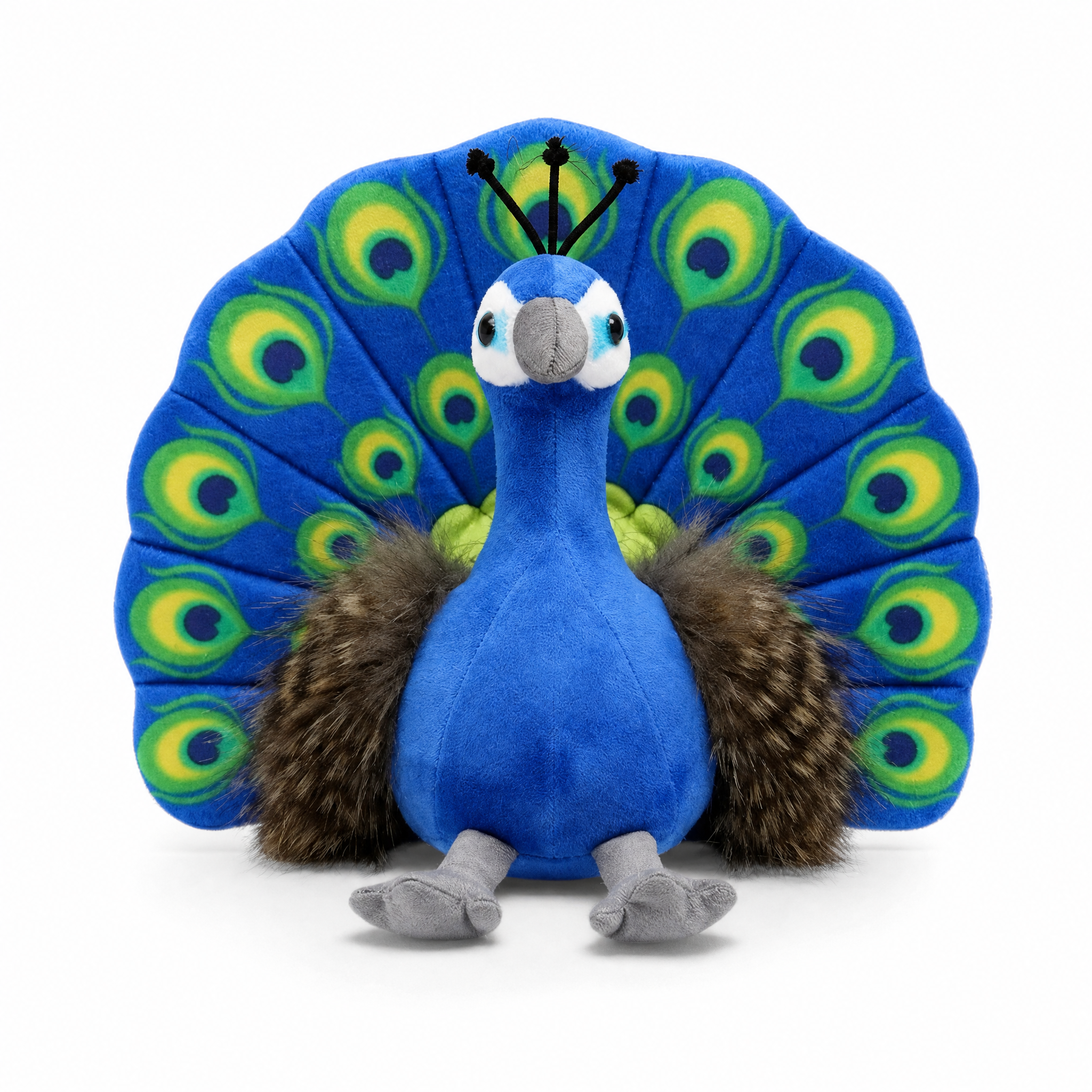 Blaues Pfau Kuscheltier bunte Federn - Fond blanc frontal