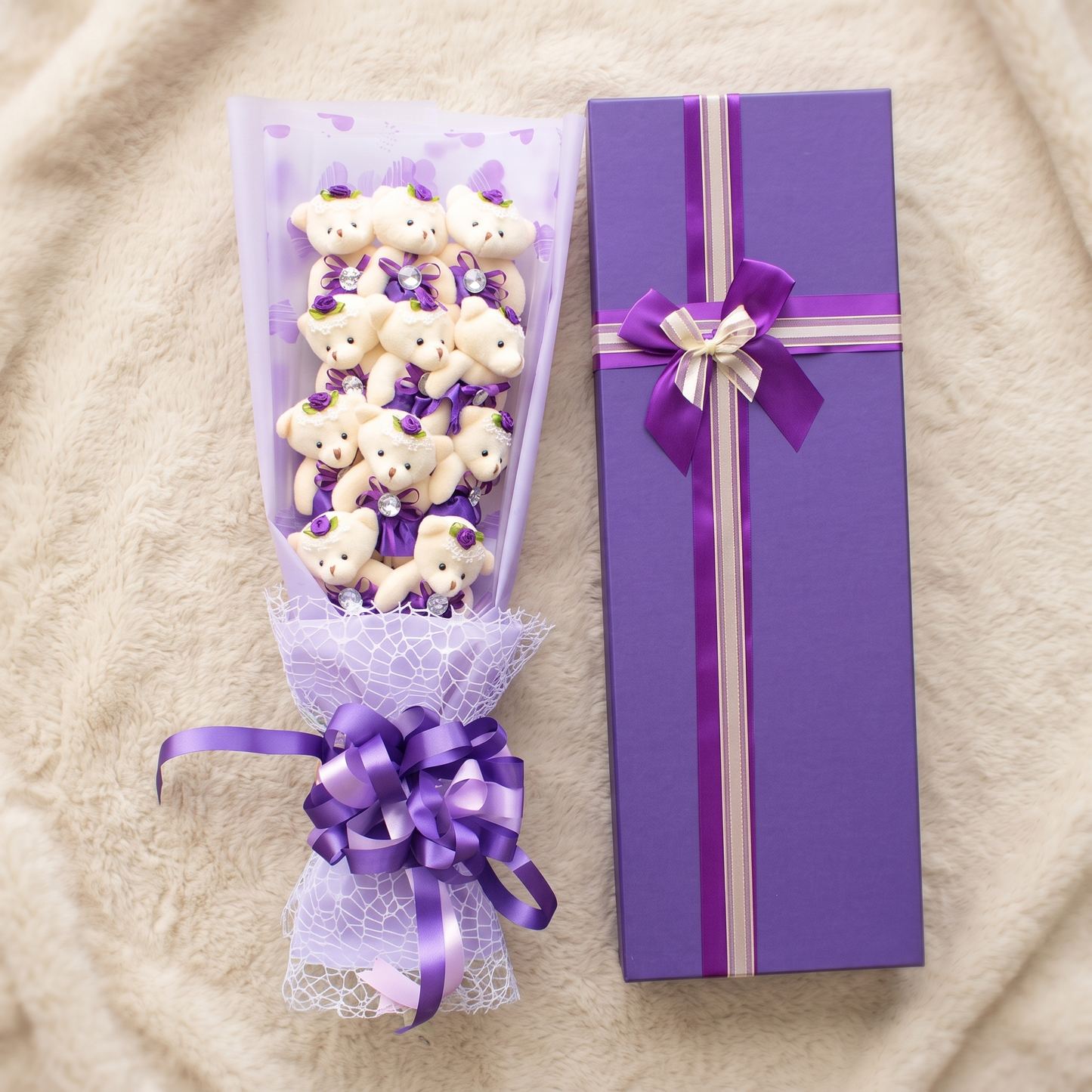 Bouquet Ours en Peluche Blanc avec Boîte Violette - Detail matière