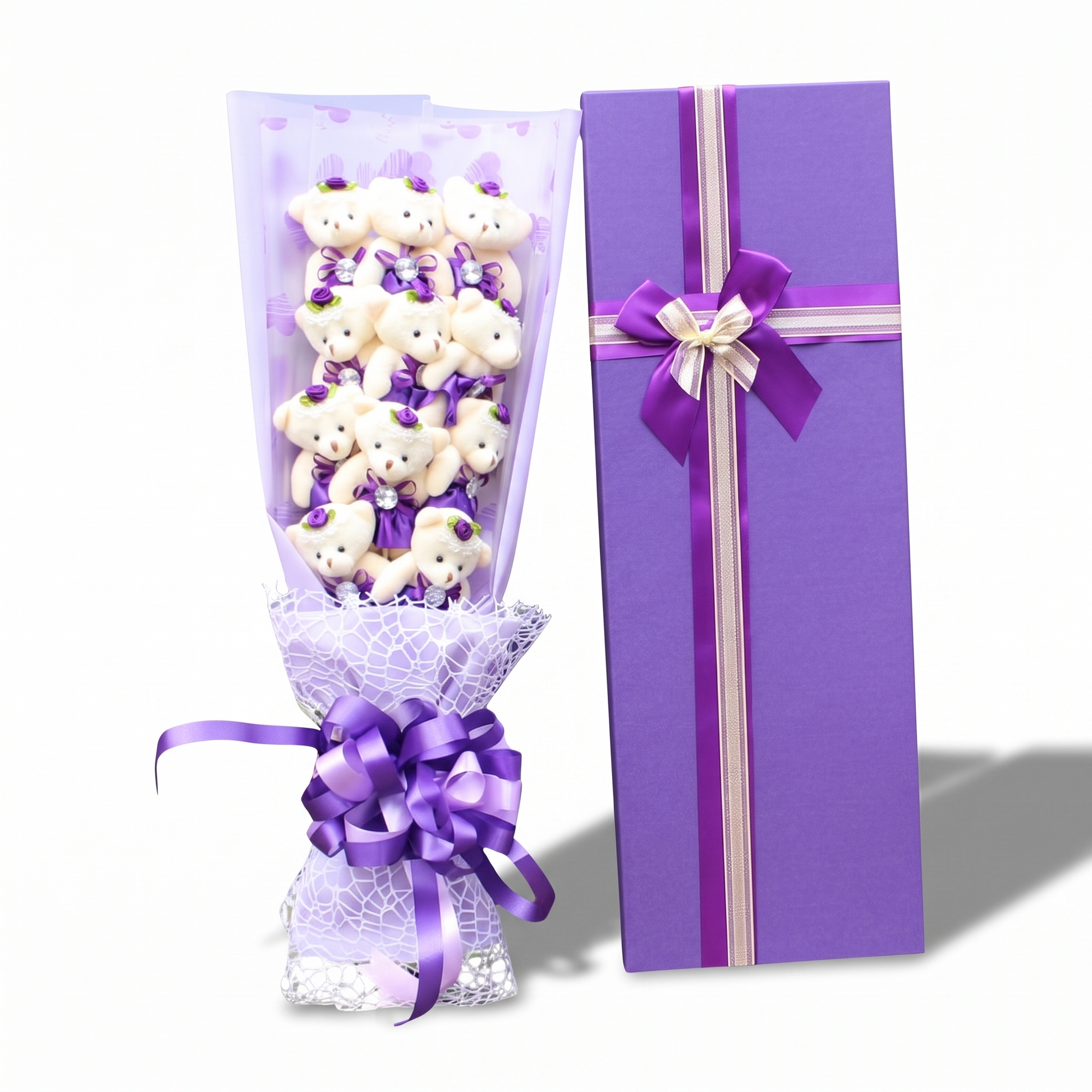Bouquet Ours en Peluche Blanc avec Boîte Violette - fond blanc Frontal