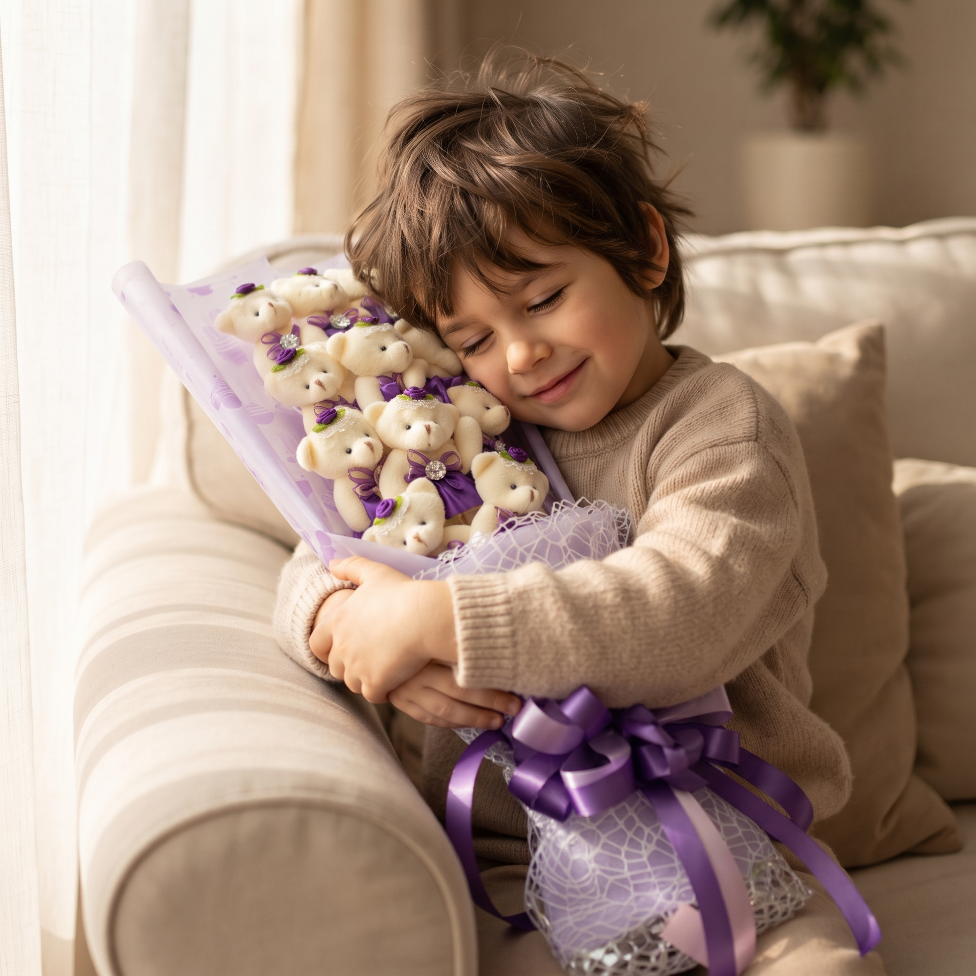 Bouquet Ours en Peluche Blanc avec Boîte Violette - Utilisation cosy intérieur