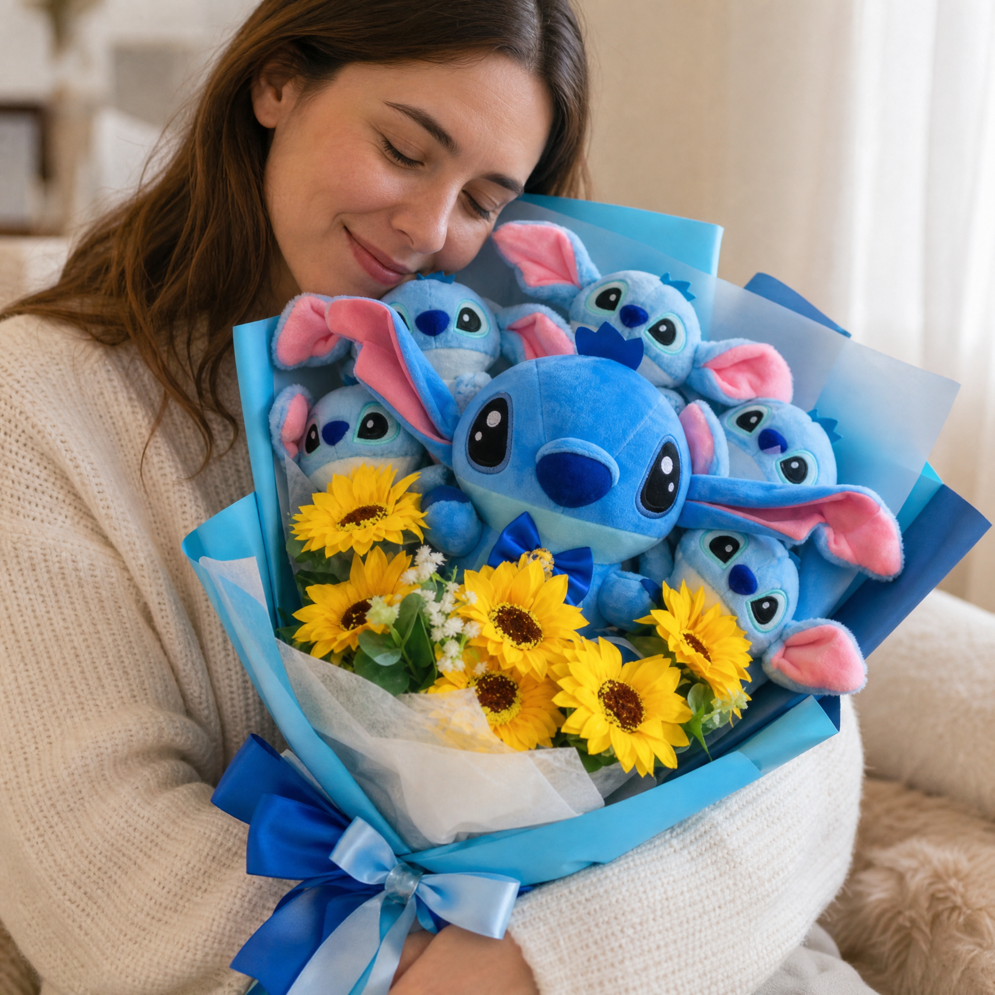 Bouquet Peluche Stitch avec Fleurs - Utilisation cosy intérieur