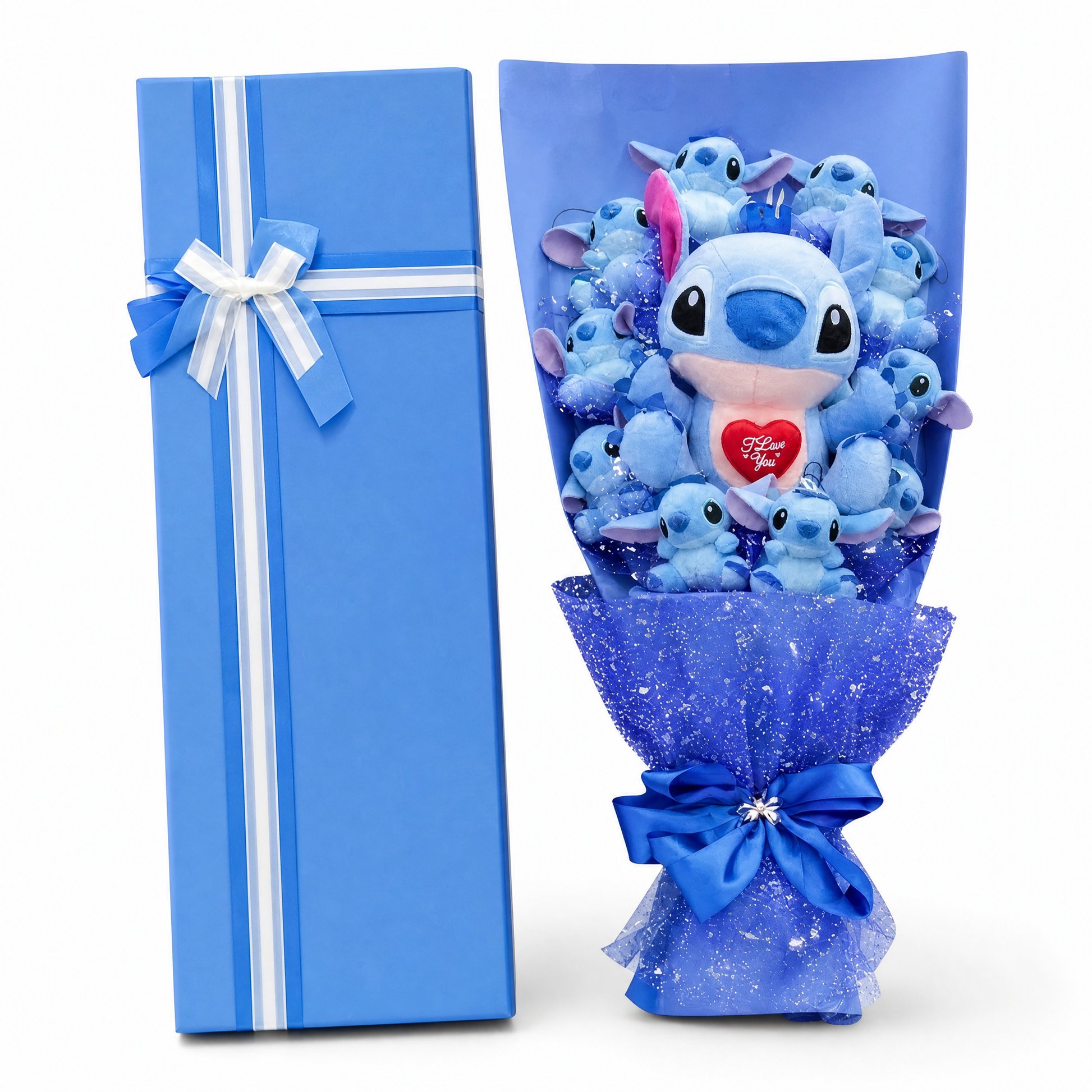 Bouquet Peluche Stitch I Love You avec Coffret - Fond blanc frontal