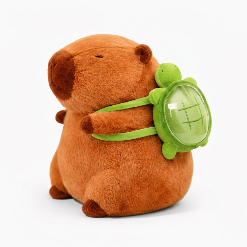Capybara Plüsch mit Schildkröten Rucksack - Fond blanc angle