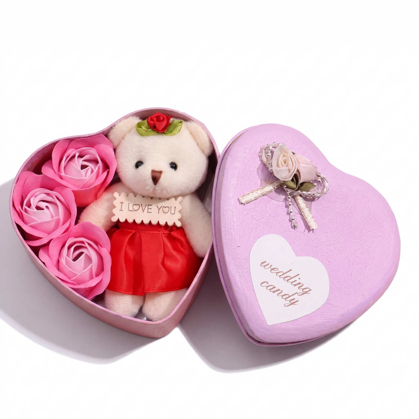 Coffret Peluche Amour Ours et Roses - fond blanc Frontal
