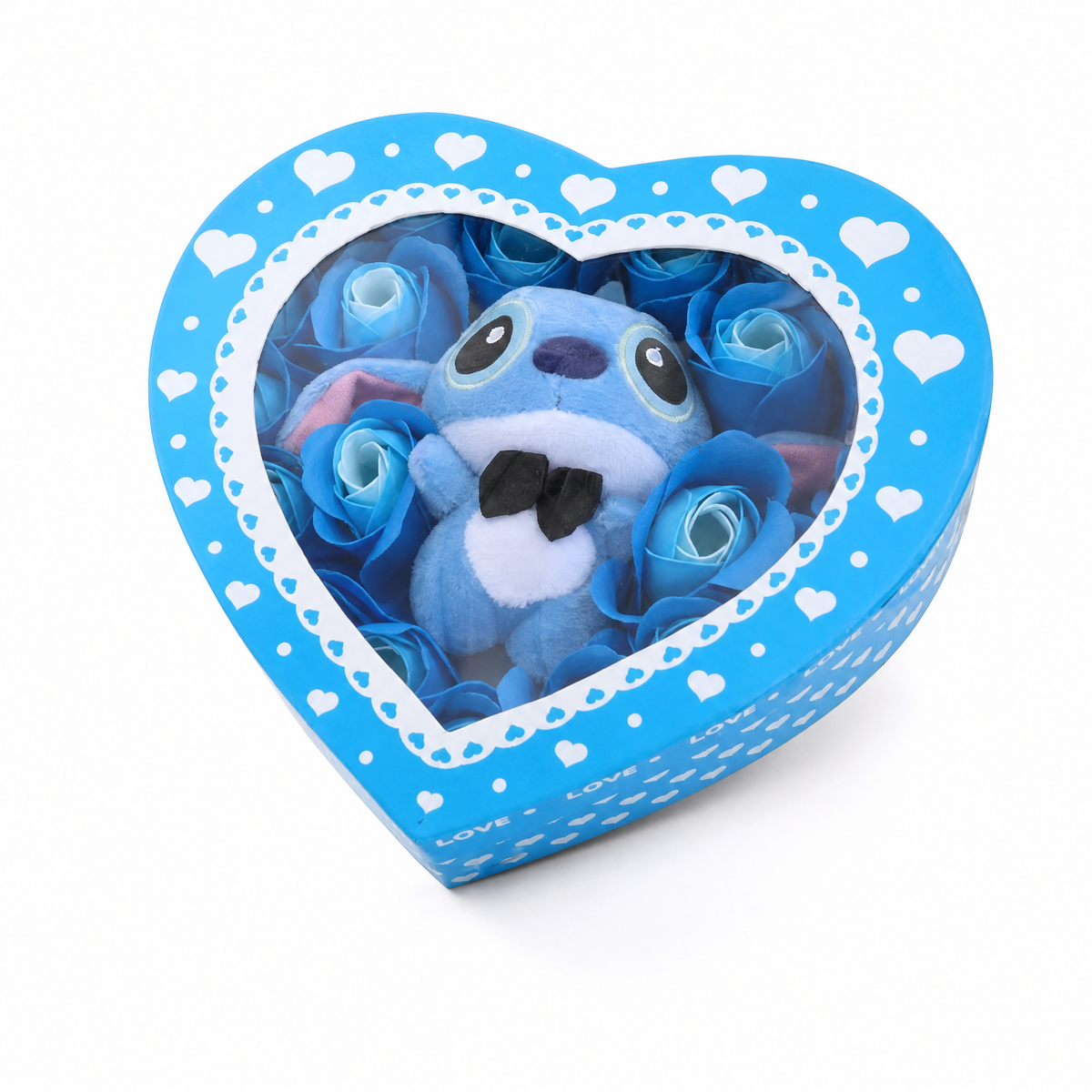 Coffret Peluche Stitch Boîte Cœur Roses Bleues - Fond blanc frontal
