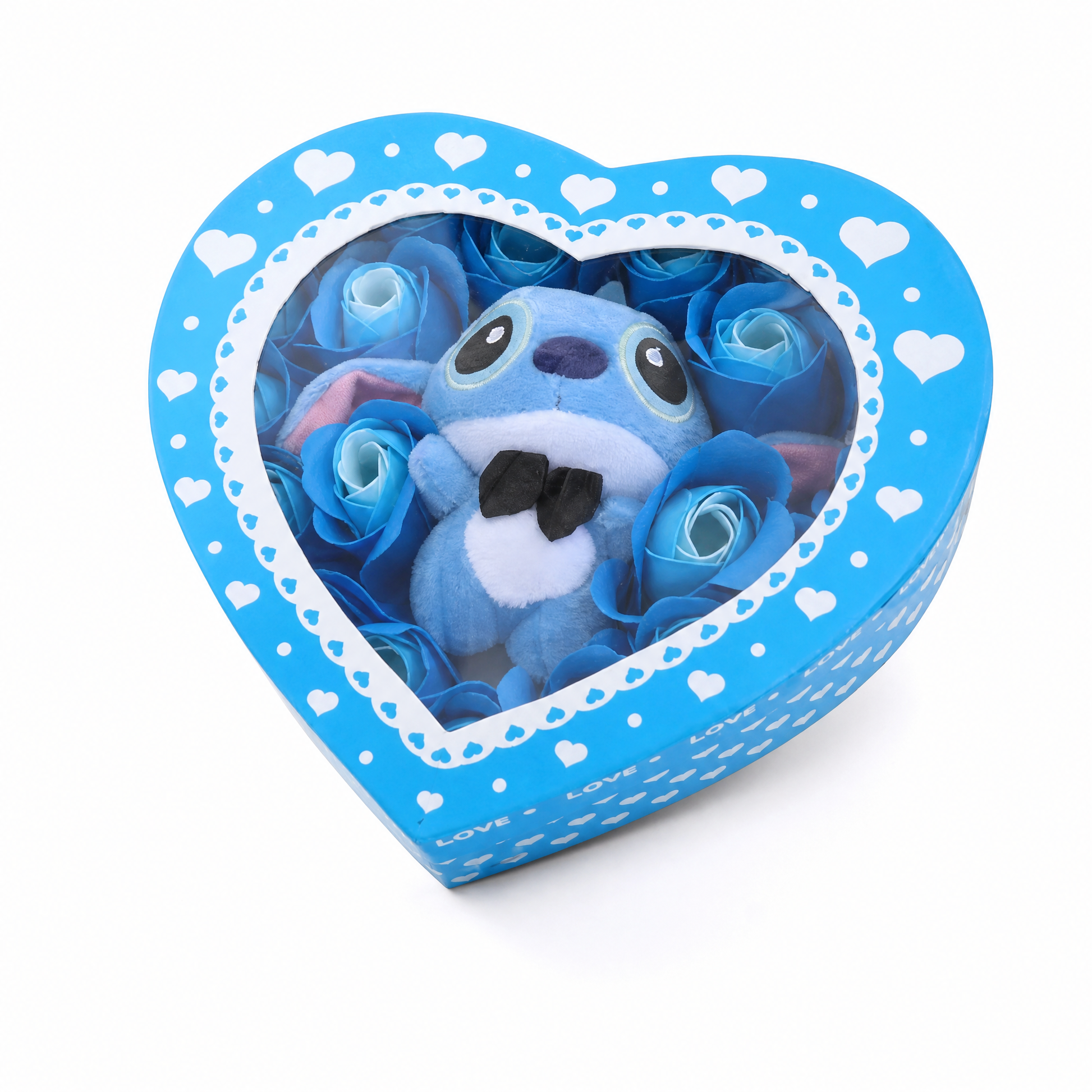 Coffret Peluche Stitch Boîte Cœur Roses Bleues - Fond blanc frontal