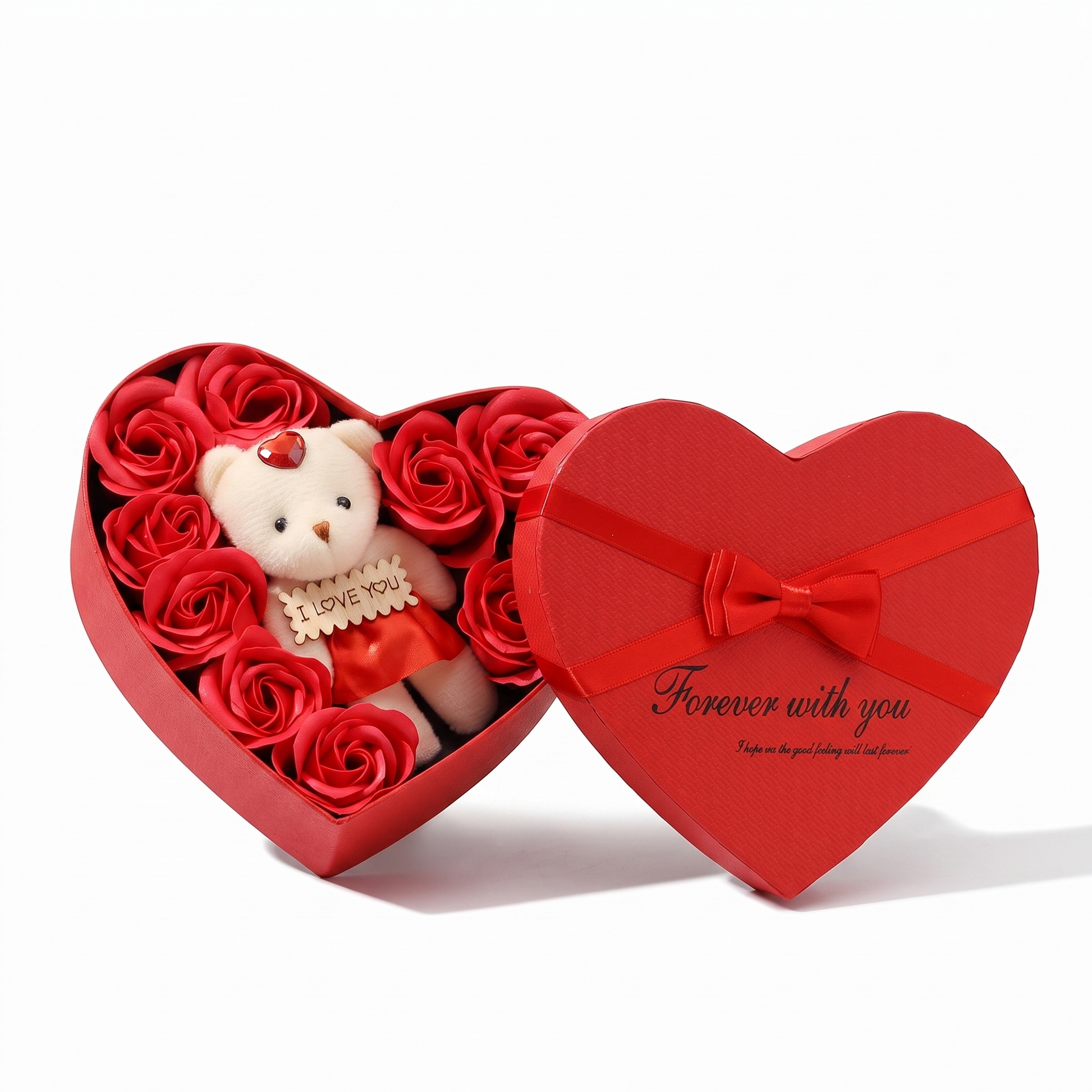 Coffret Roses Savon avec Ours en Peluche Cœur - fond blanc Frontal