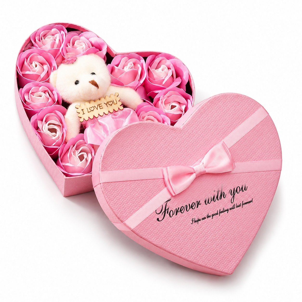 Coffret Roses Savon avec Ours en Peluche Cœur - Rose