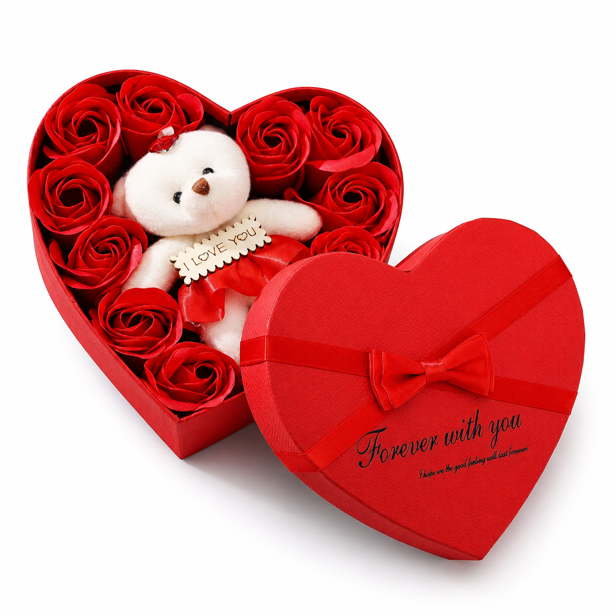 Coffret Roses Savon avec Ours en Peluche Cœur - Rouge