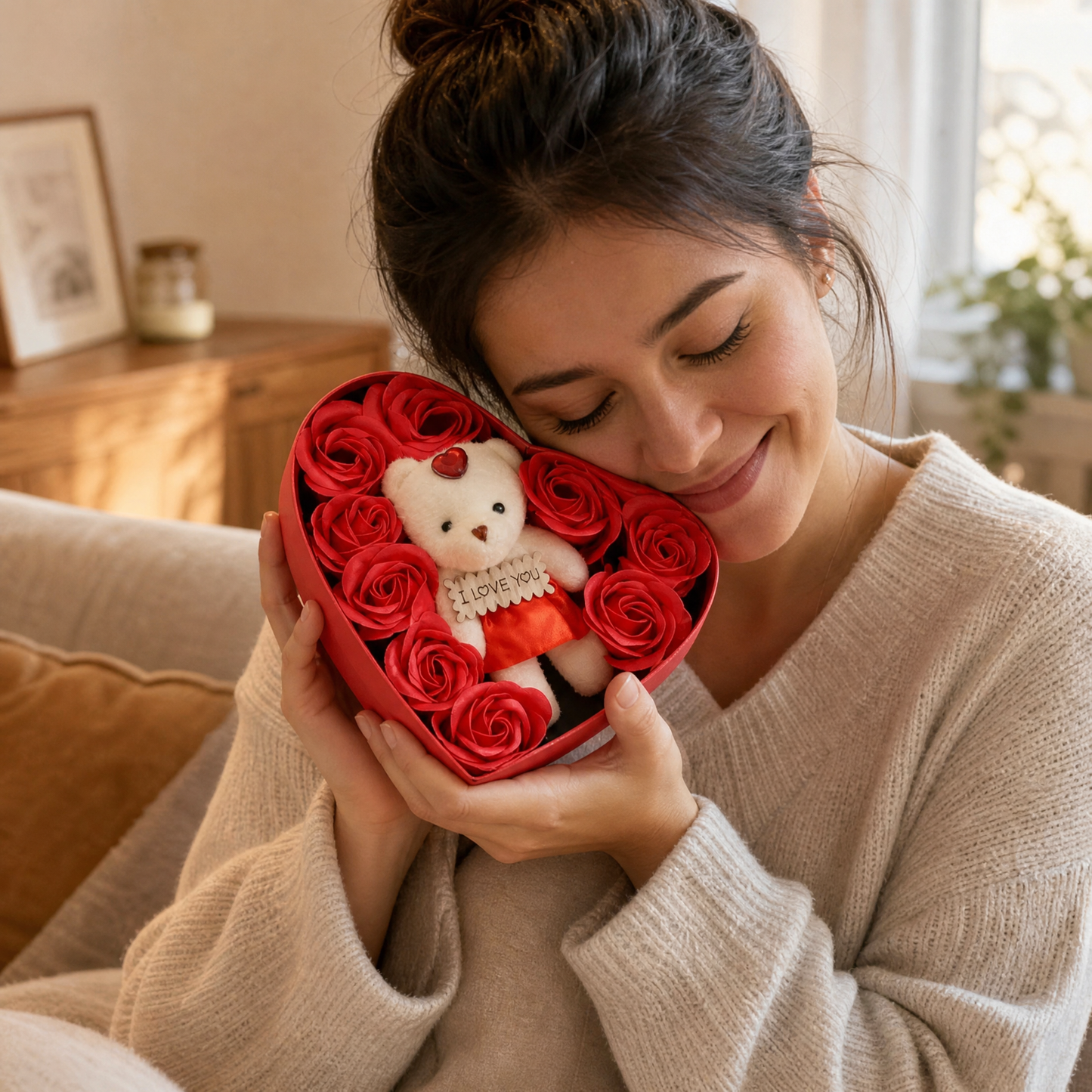 Coffret Roses Savon avec Ours en Peluche Cœur - Utilisation cosy intérieur
