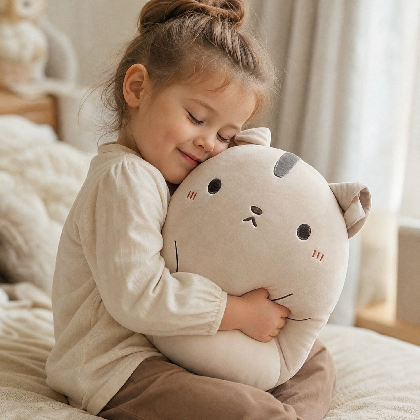 Coussin Peluche Chat Beige Doux - Utilisation cosy intérieur