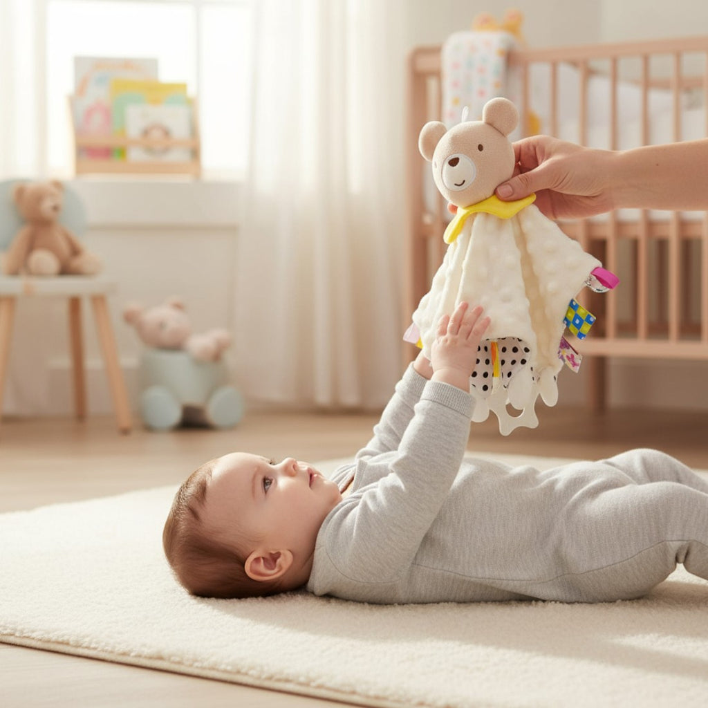 Doudou carré jaune tête peluche ourson