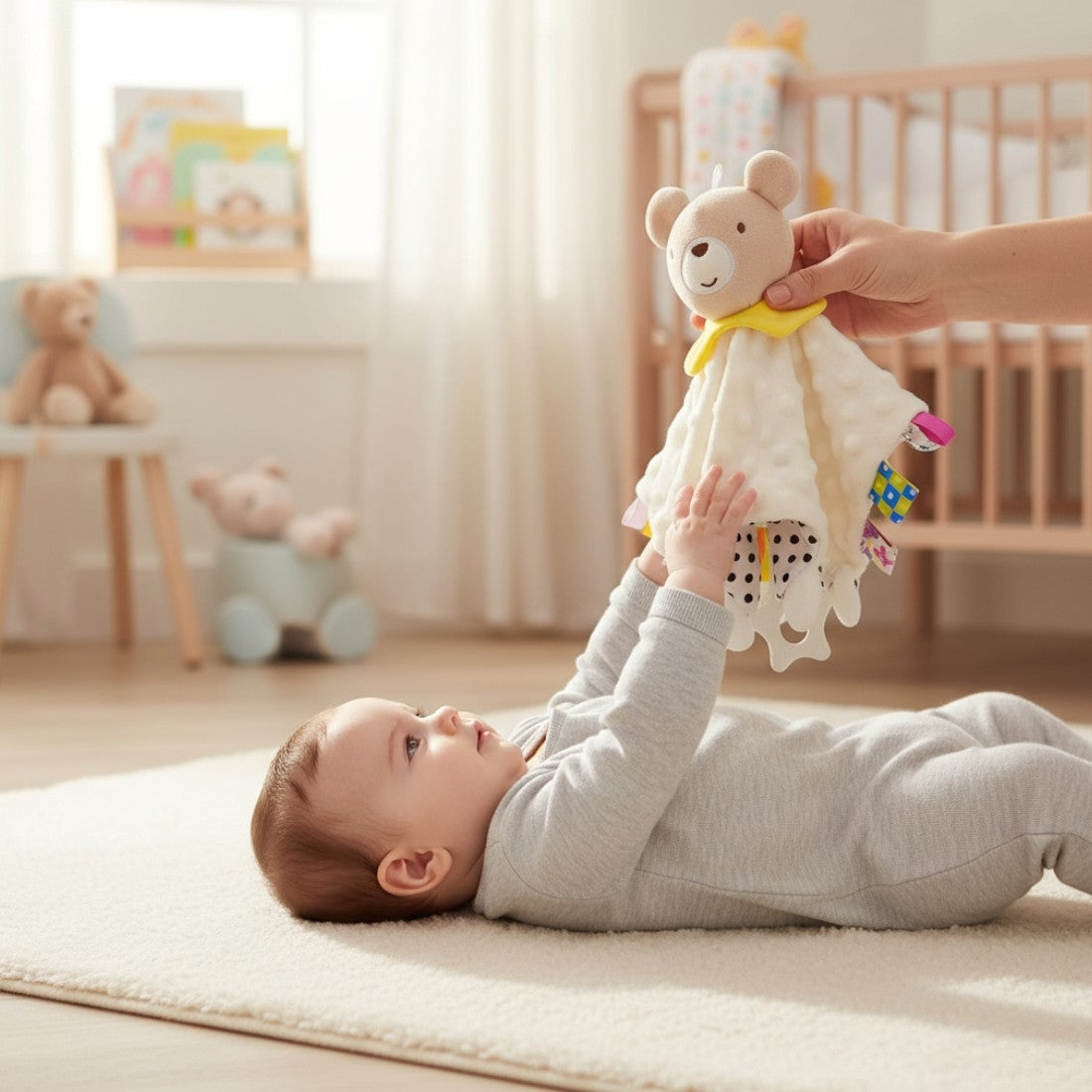 Doudou carré jaune tête peluche ourson