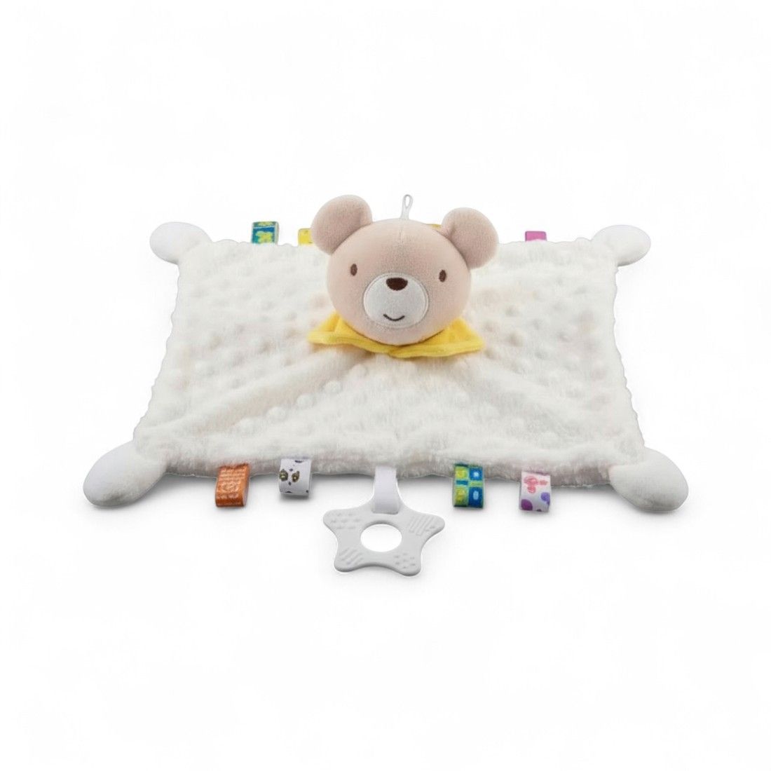 Doudou carré jaune tête peluche ourson