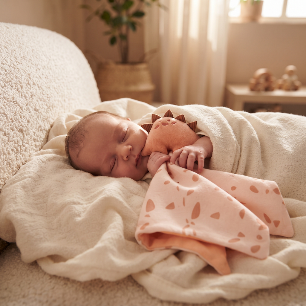 Doudou Dinosaure Pêche à Pois pour Bébé - Utilisation cosy intérieur
