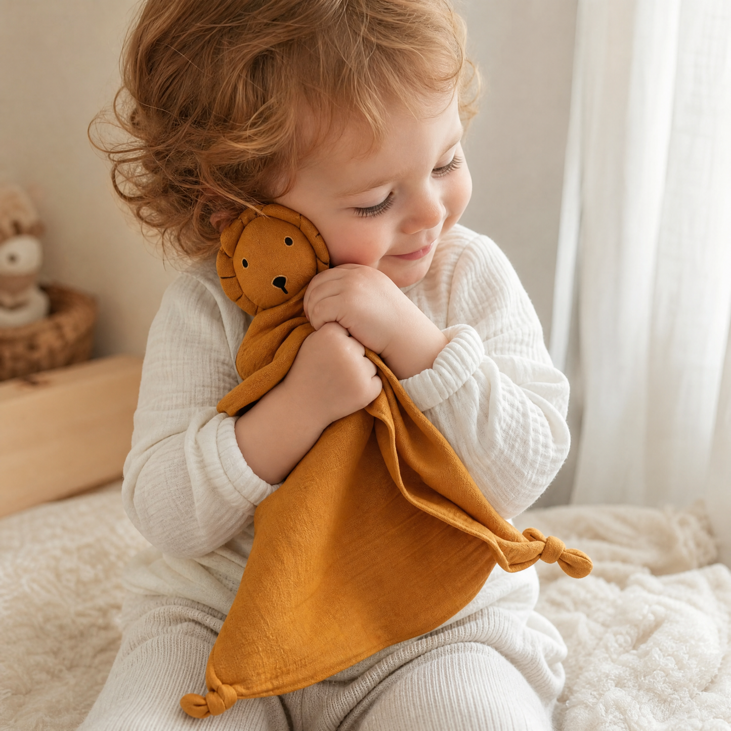 Doudou Lion en Mousseline Double Gaze - Utilisation cosy intérieur