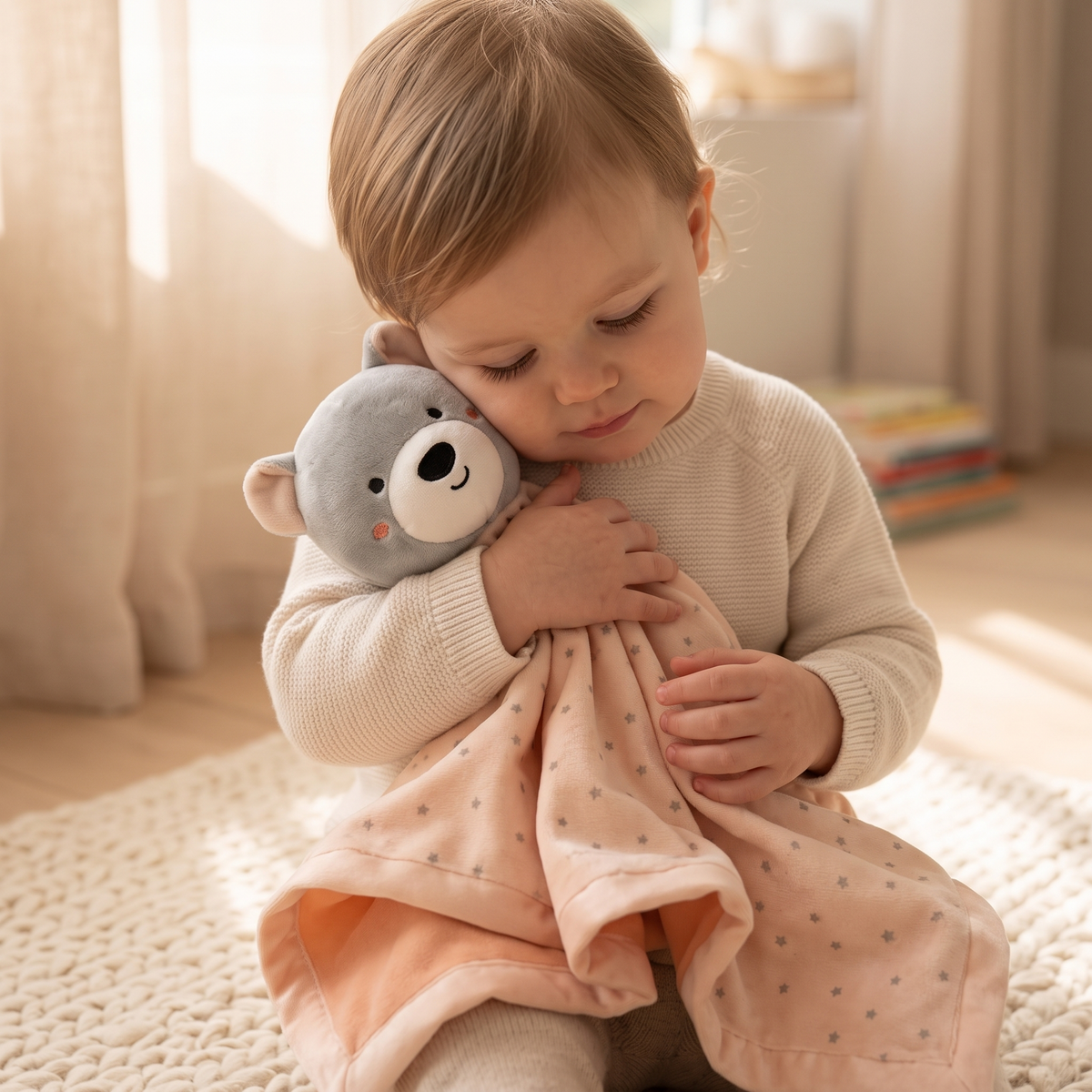 Doudou Ourson Carré Étoilé Pêche - Utilisation cosy intérieur