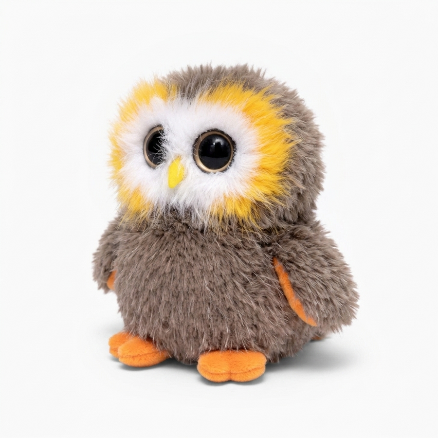 Flauschiges Eulen Kuscheltier mit großen Augen - Fond blanc angle