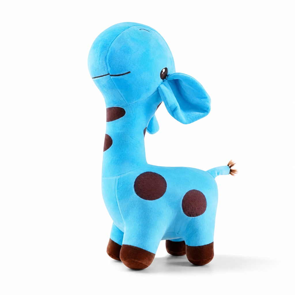 Girafe Peluche Bleue Douce - Fond blanc frontal