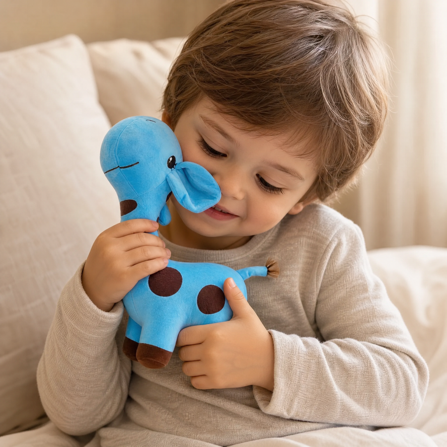 Girafe Peluche Bleue Douce - Utilisation cosy intérieur