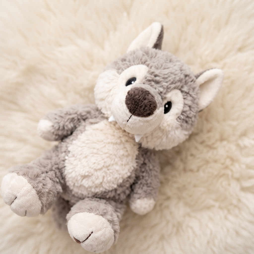 Grauer Wolf Kuscheltier für Kinder sitzend - Détail matière