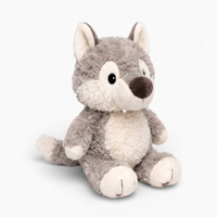 Grauer Wolf Kuscheltier für Kinder sitzend - Fond blanc angle