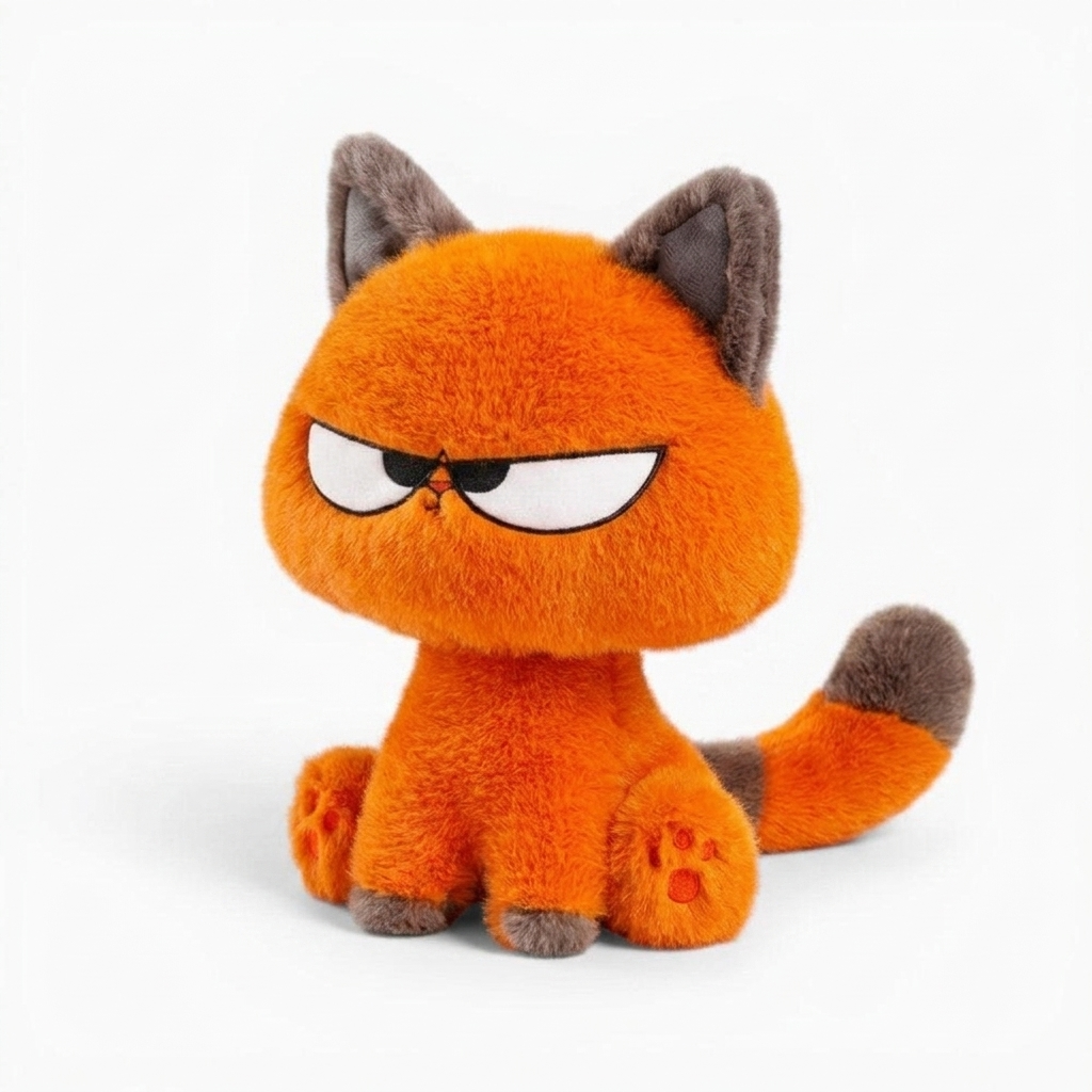 Grumpige orangefarbene Katze Kuscheltier Kawaii - Fond blanc angle