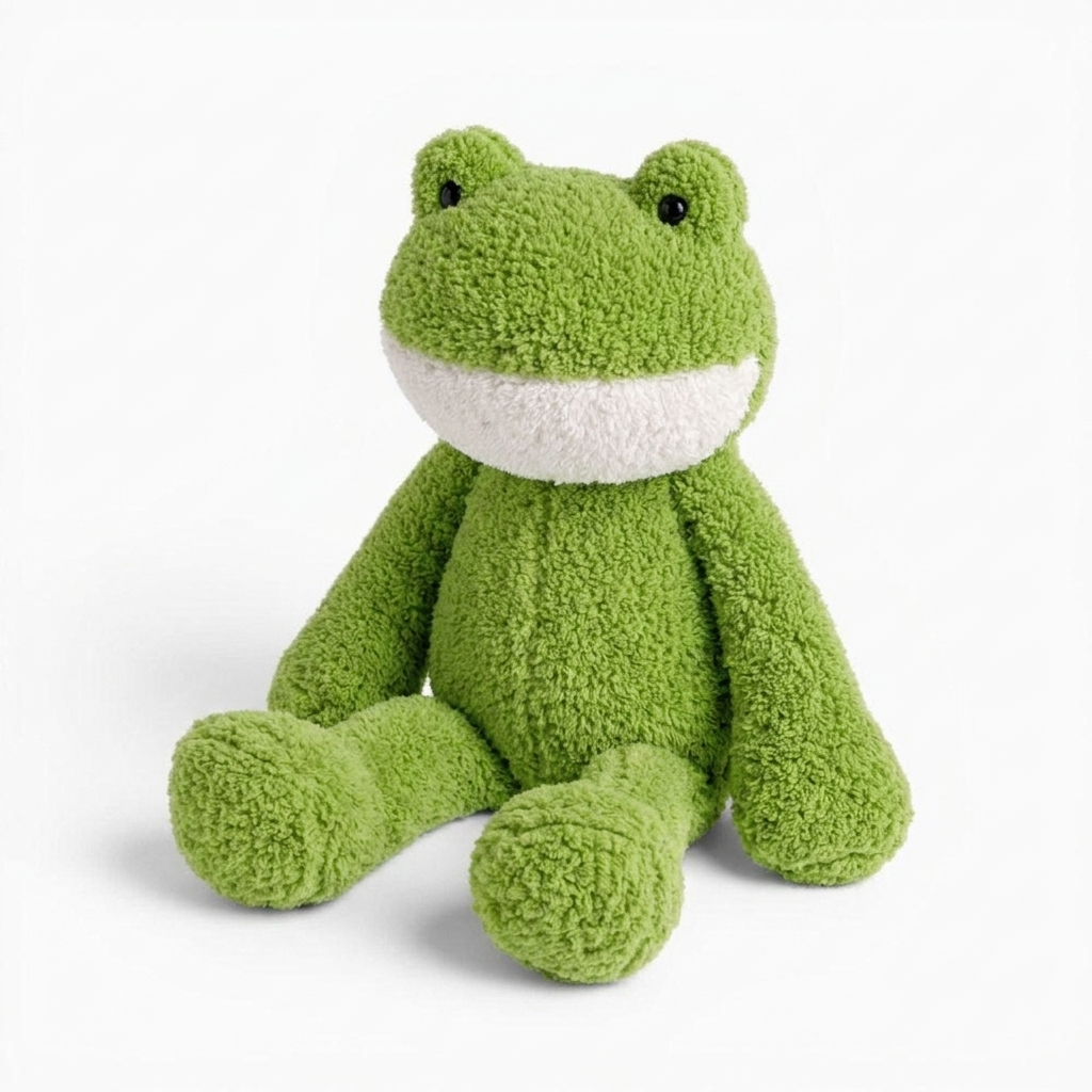 Grüner Frosch Kuscheltier mit langen Beinen weich - Fond blanc angle