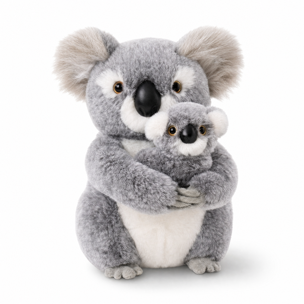 Koala Kuscheltier mit Baby auf dem Arm - Fond blanc frontal