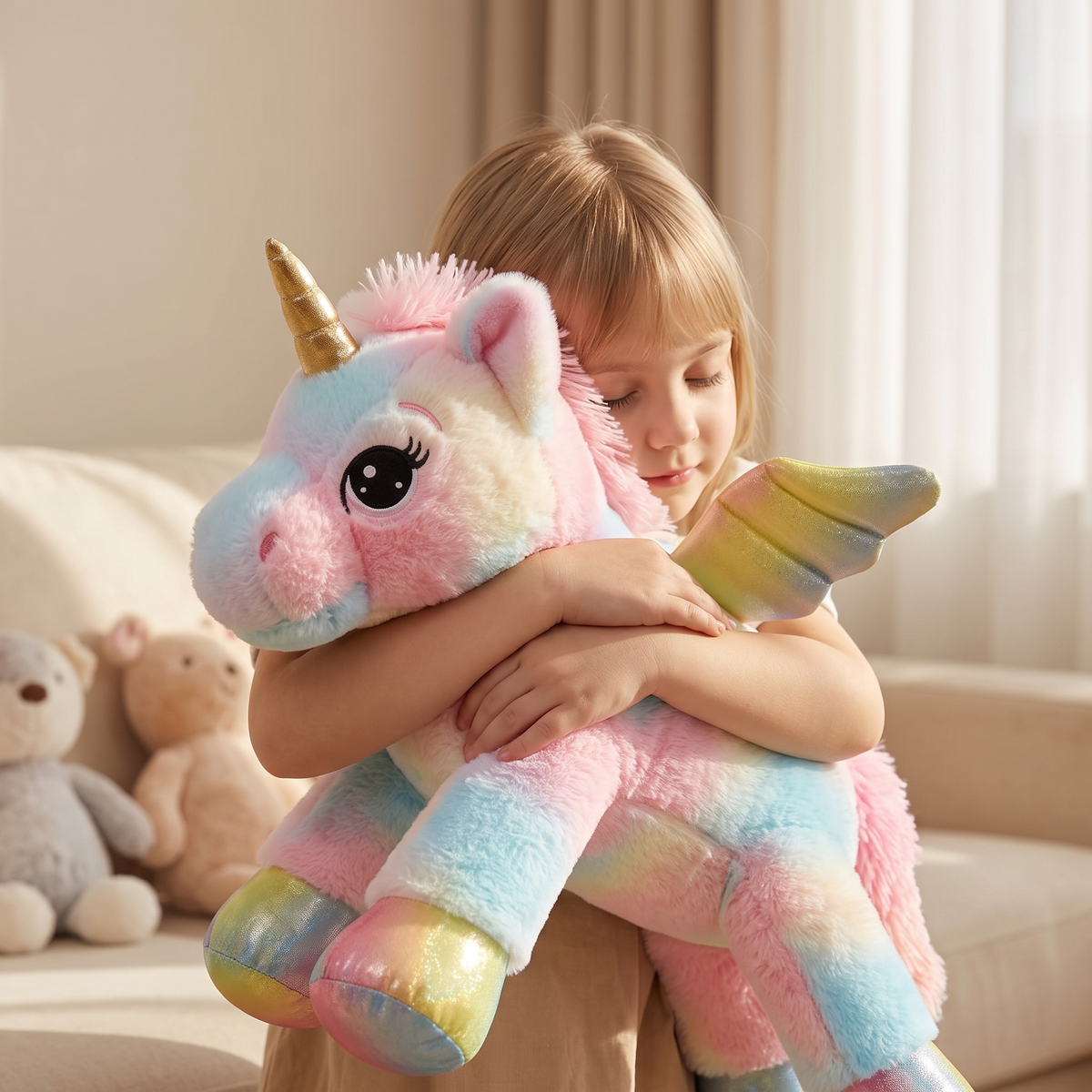 Licorne Géante Peluche Arc-en-Ciel Pastel 60 cm - Utilisation cosy intérieur