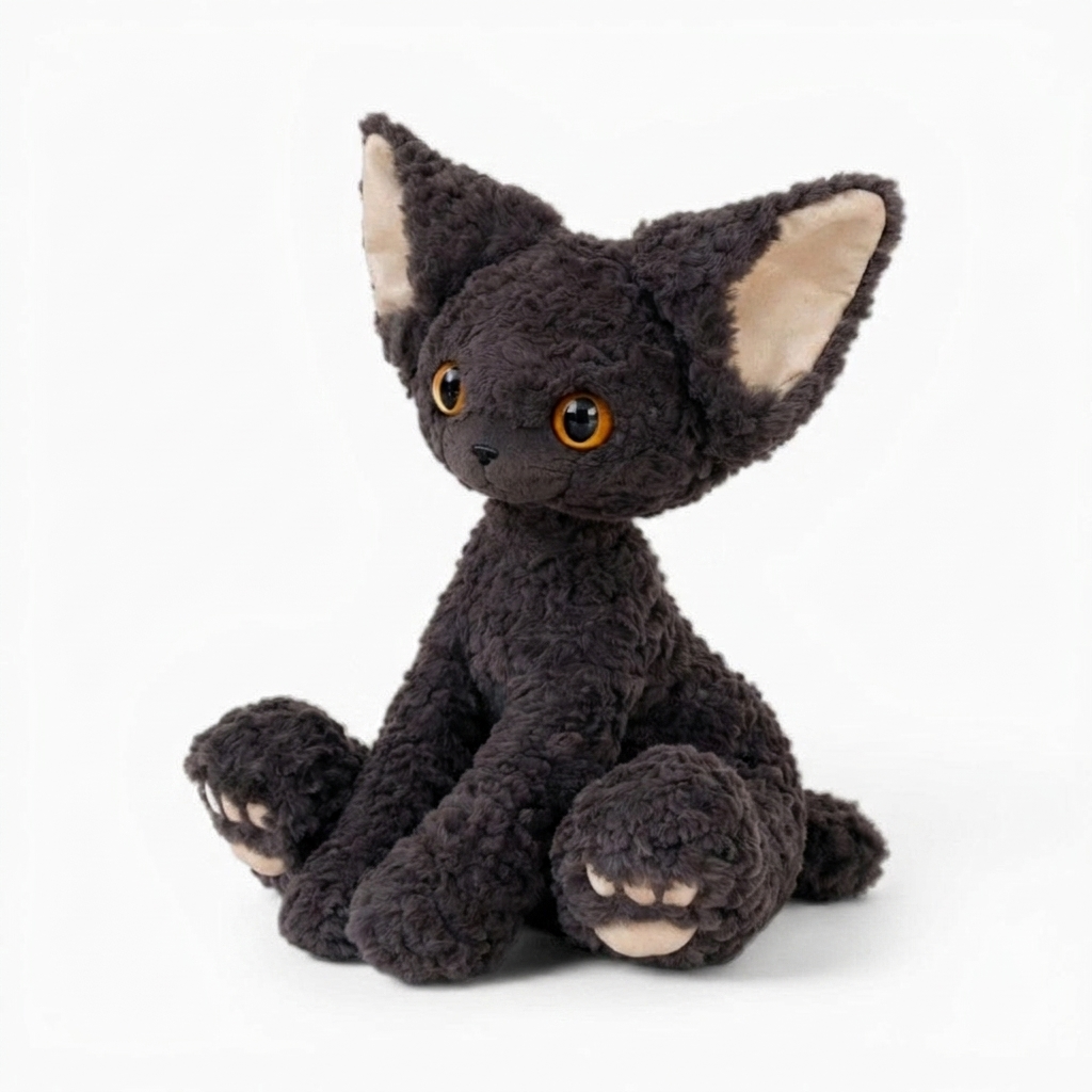 Lockiges schwarzes Katze Kuscheltier - Fond blanc angle