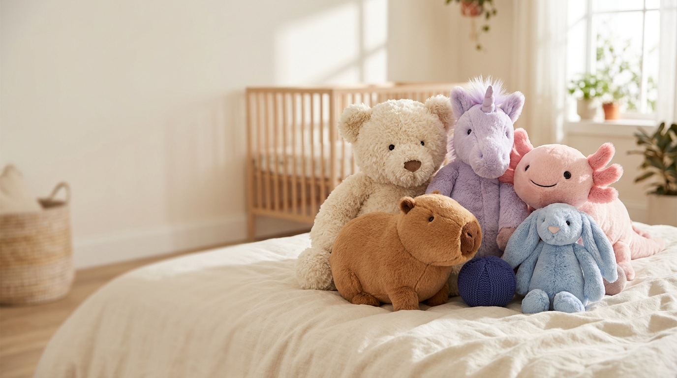 Peluches Mille Peluches réunies sur un lit dans une chambre lumineuse